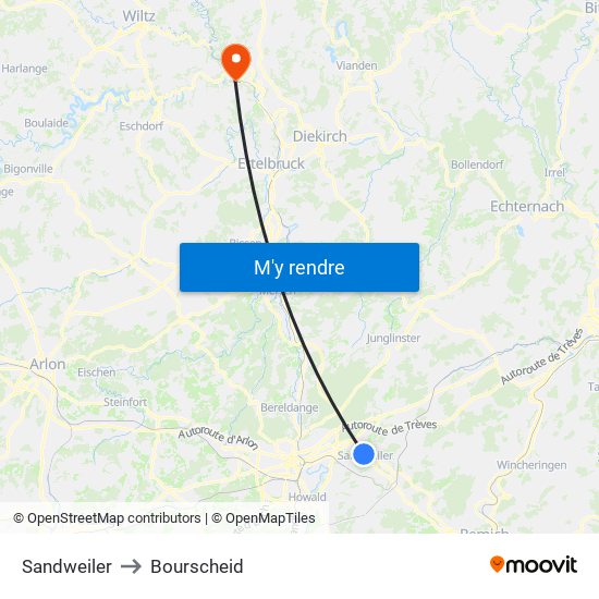 Sandweiler to Bourscheid map
