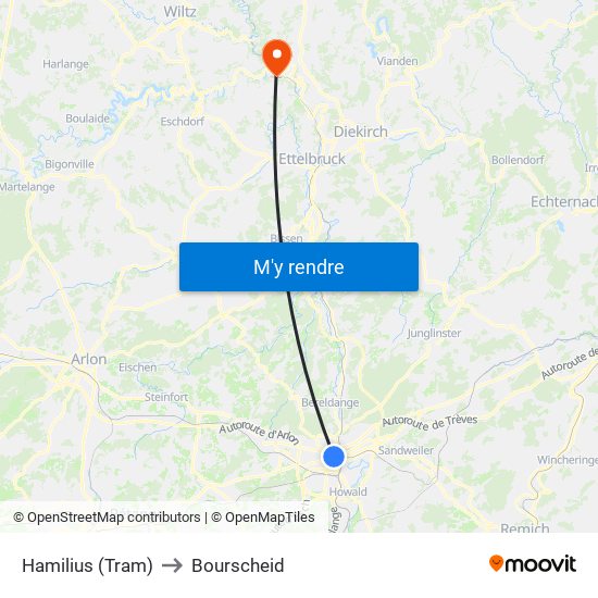 Hamilius (Tram) to Bourscheid map