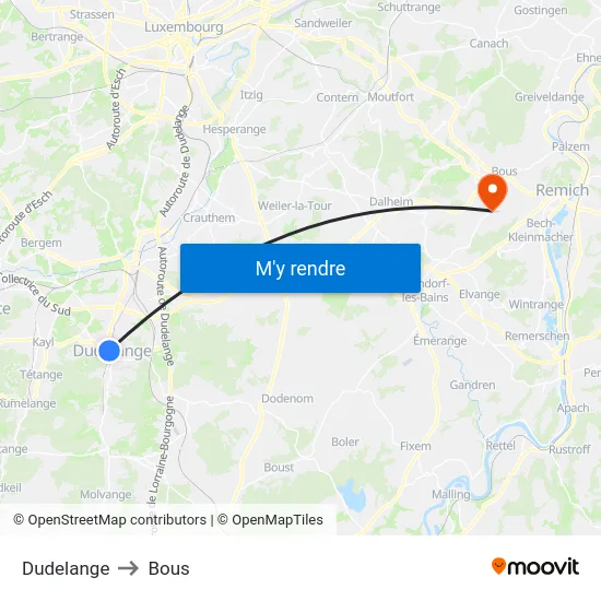 Dudelange to Bous map