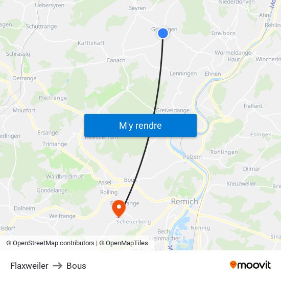 Flaxweiler to Bous map