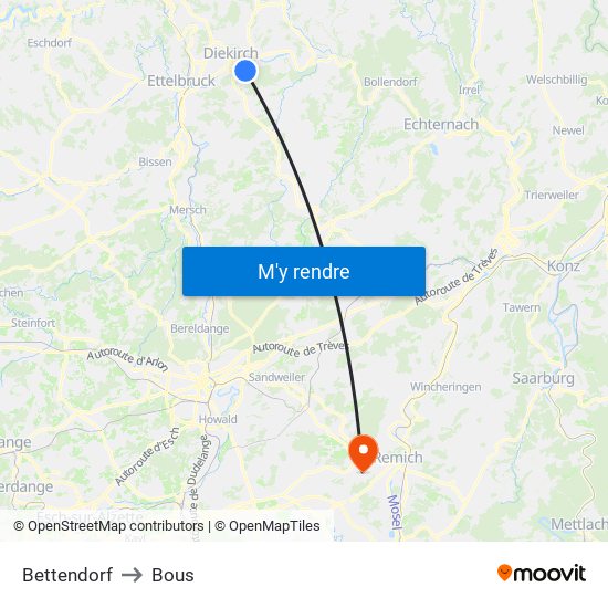 Bettendorf to Bous map