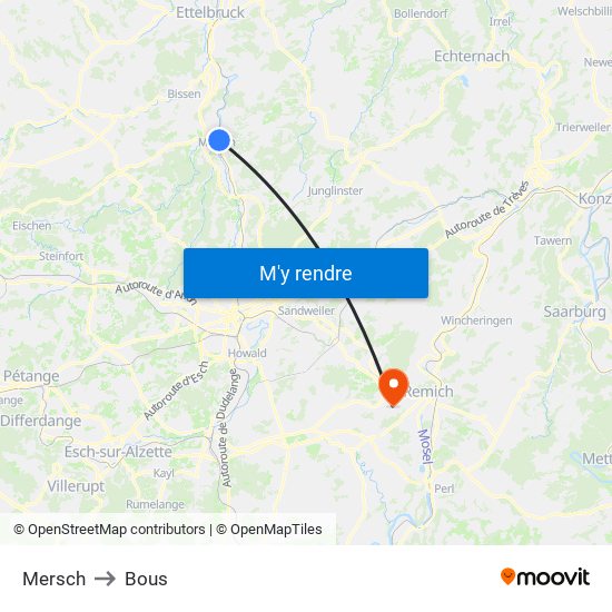 Mersch to Bous map