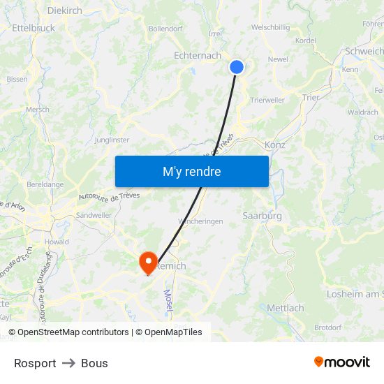 Rosport to Bous map