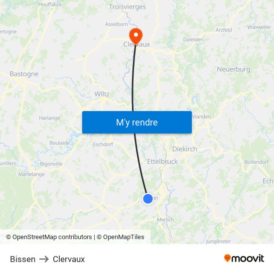Bissen to Clervaux map
