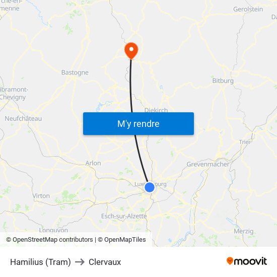Hamilius (Tram) to Clervaux map