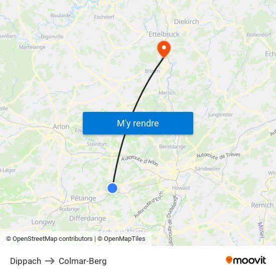 Dippach to Colmar-Berg map