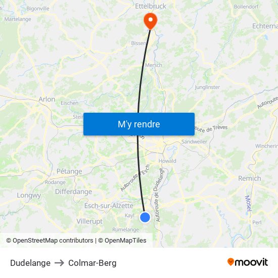Dudelange to Colmar-Berg map