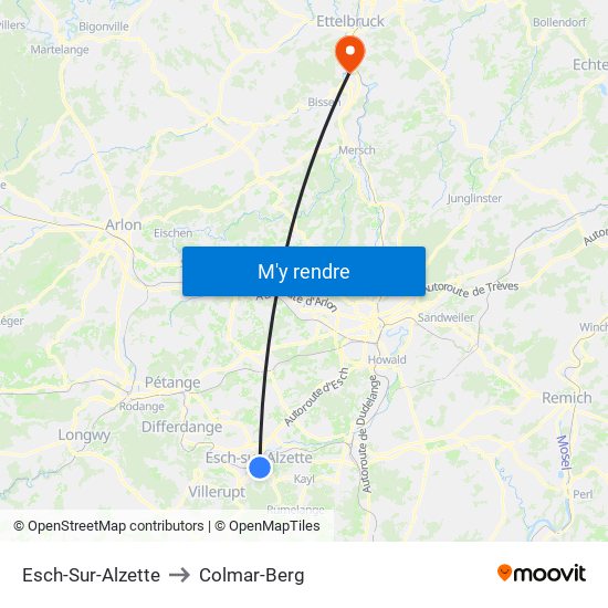 Esch-Sur-Alzette to Colmar-Berg map