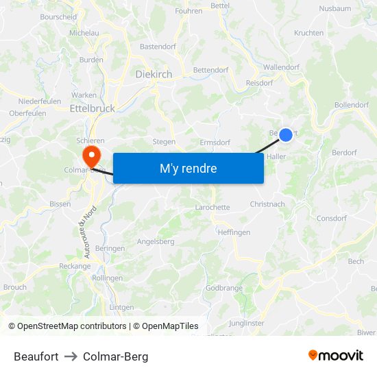 Beaufort to Colmar-Berg map
