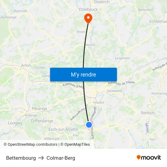 Bettembourg to Colmar-Berg map