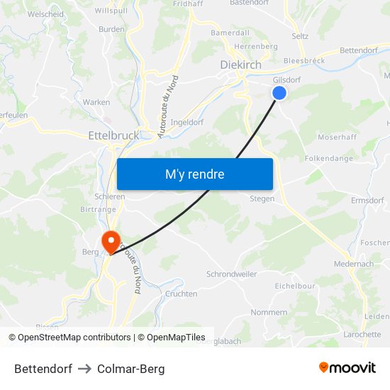 Bettendorf to Colmar-Berg map