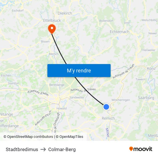 Stadtbredimus to Colmar-Berg map