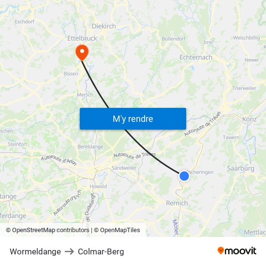 Wormeldange to Colmar-Berg map