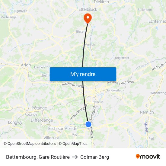 Bettembourg, Gare Routière to Colmar-Berg map