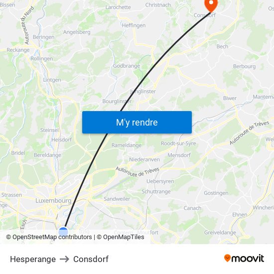 Hesperange to Consdorf map