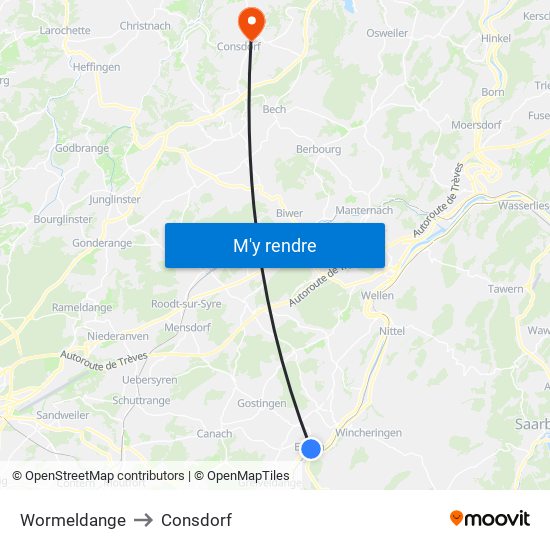 Wormeldange to Consdorf map