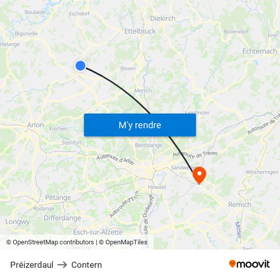 Préizerdaul to Contern map