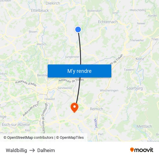 Waldbillig to Dalheim map