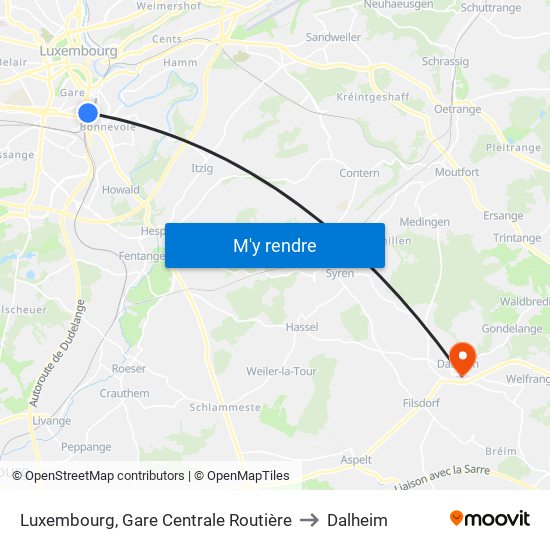Luxembourg, Gare Centrale Routière to Dalheim map