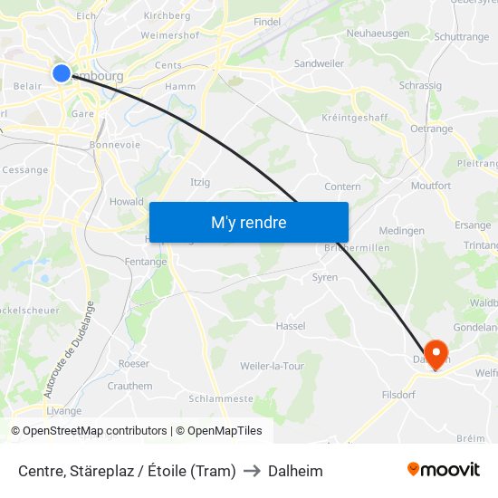 Centre, Stäreplaz / Étoile (Tram) to Dalheim map