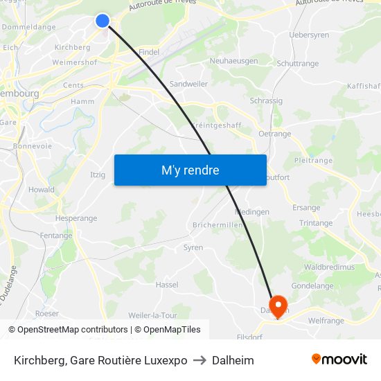 Kirchberg, Gare Routière Luxexpo to Dalheim map