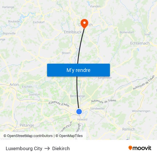 Luxembourg City to Diekirch map
