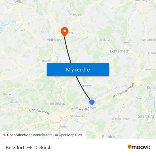Betzdorf to Diekirch map