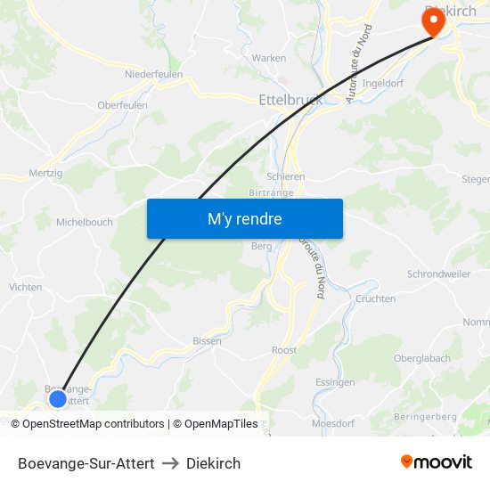 Boevange-Sur-Attert to Diekirch map