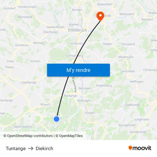 Tuntange to Diekirch map