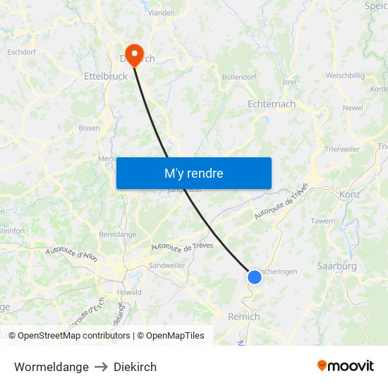 Wormeldange to Diekirch map