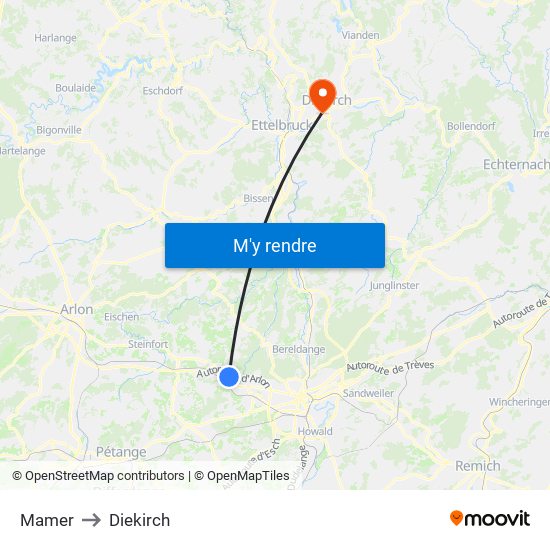 Mamer to Diekirch map