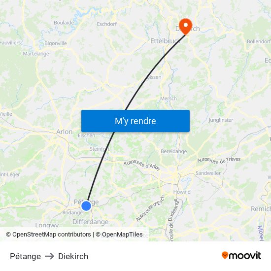 Pétange to Diekirch map