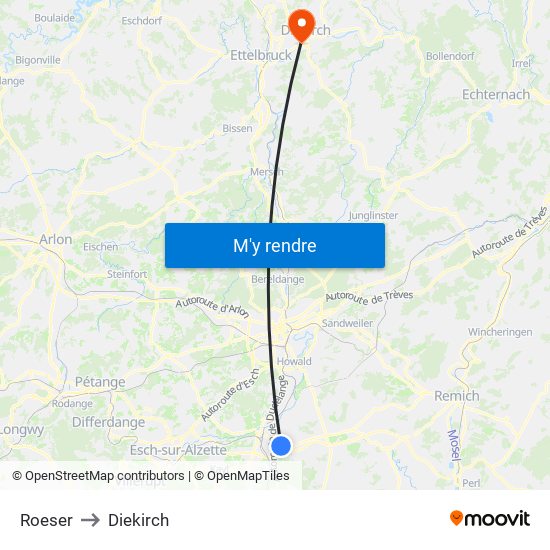 Roeser to Diekirch map