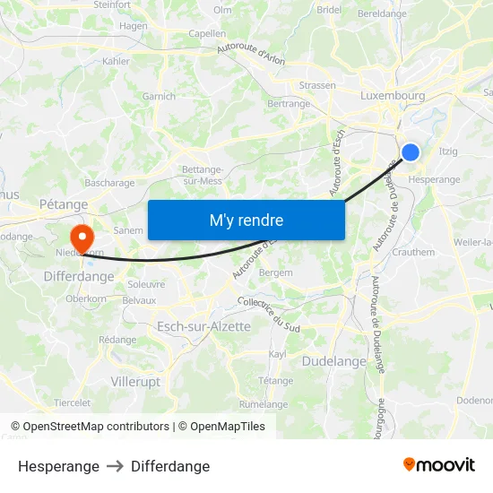 Hesperange to Differdange map