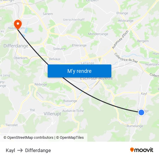 Kayl to Differdange map