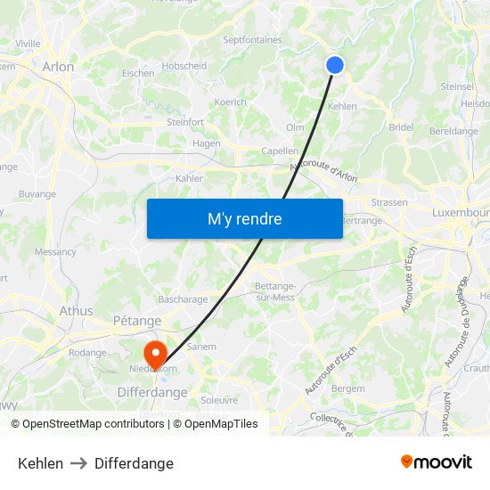 Kehlen to Differdange map