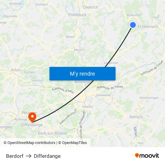 Berdorf to Differdange map