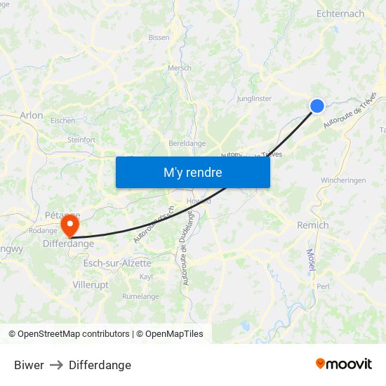 Biwer to Differdange map