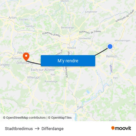 Stadtbredimus to Differdange map