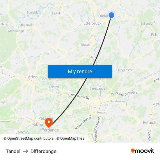 Tandel to Differdange map