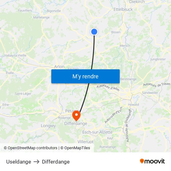 Useldange to Differdange map