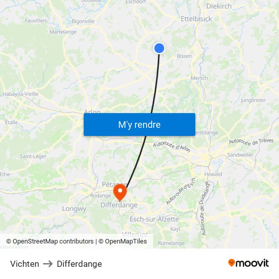 Vichten to Differdange map