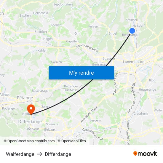 Walferdange to Differdange map