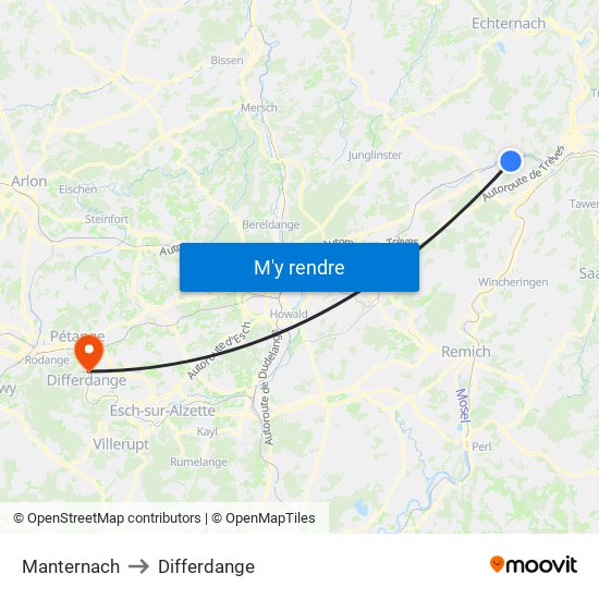 Manternach to Differdange map