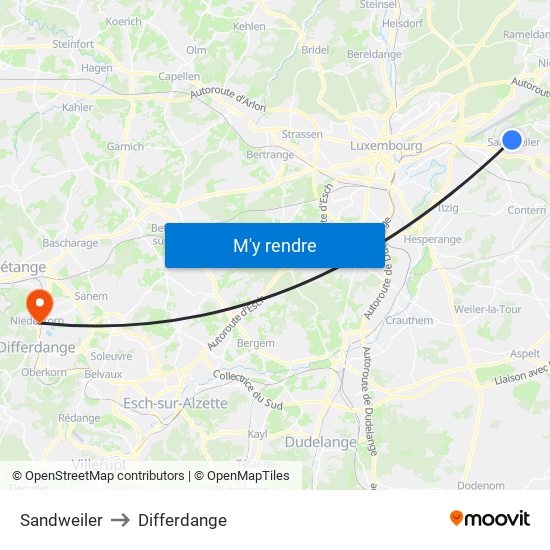 Sandweiler to Differdange map