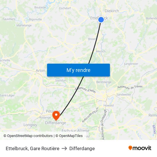 Ettelbruck, Gare Routière to Differdange map