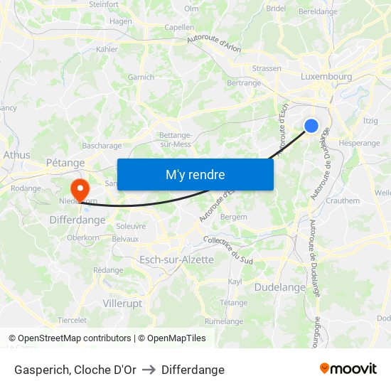 Gasperich, Cloche D'Or to Differdange map