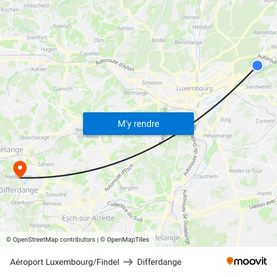 Aéroport Luxembourg/Findel to Differdange map