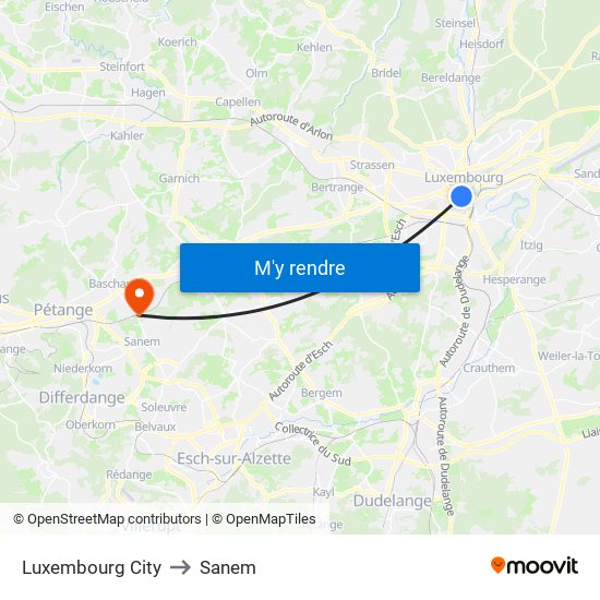 Luxembourg City to Sanem map