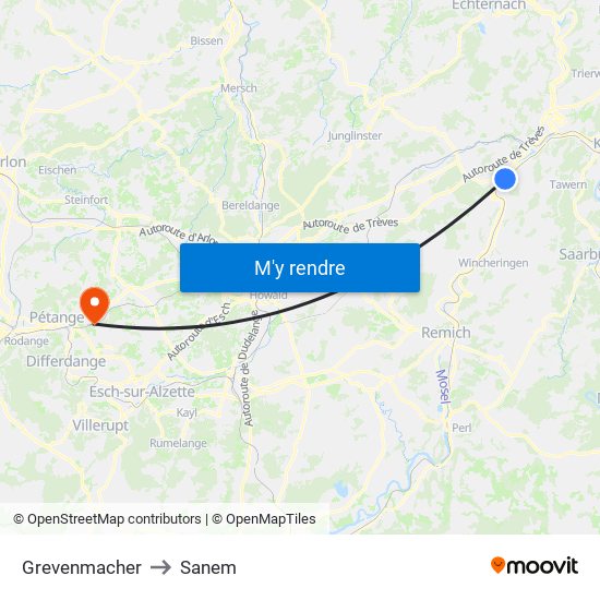 Grevenmacher to Sanem map